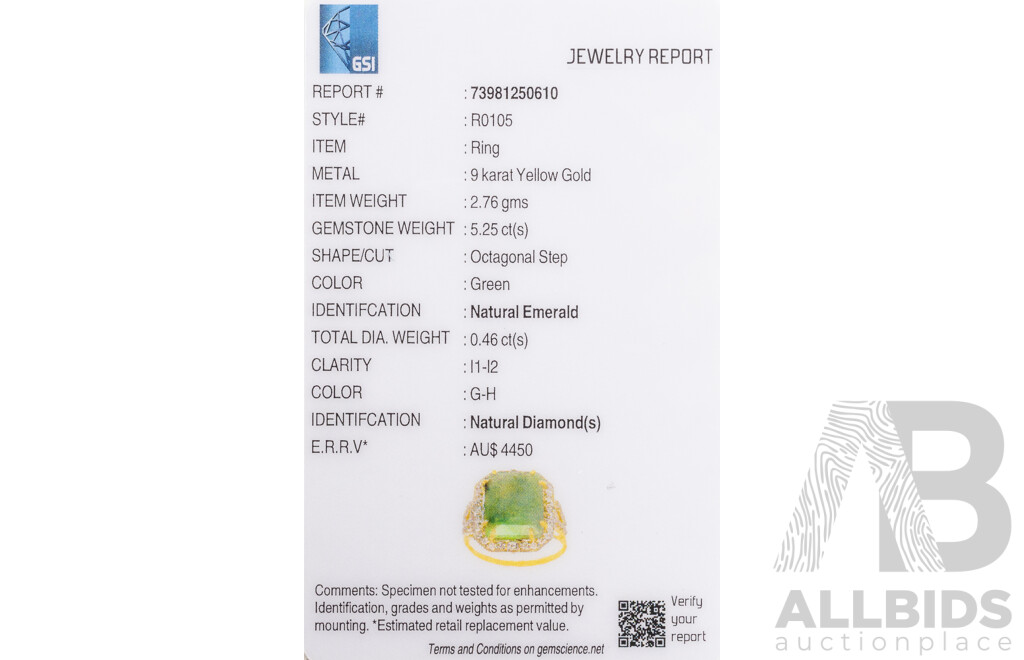 9ct Yellow Gold Natural Emerald & Diamond Ring with Valuation - Size L