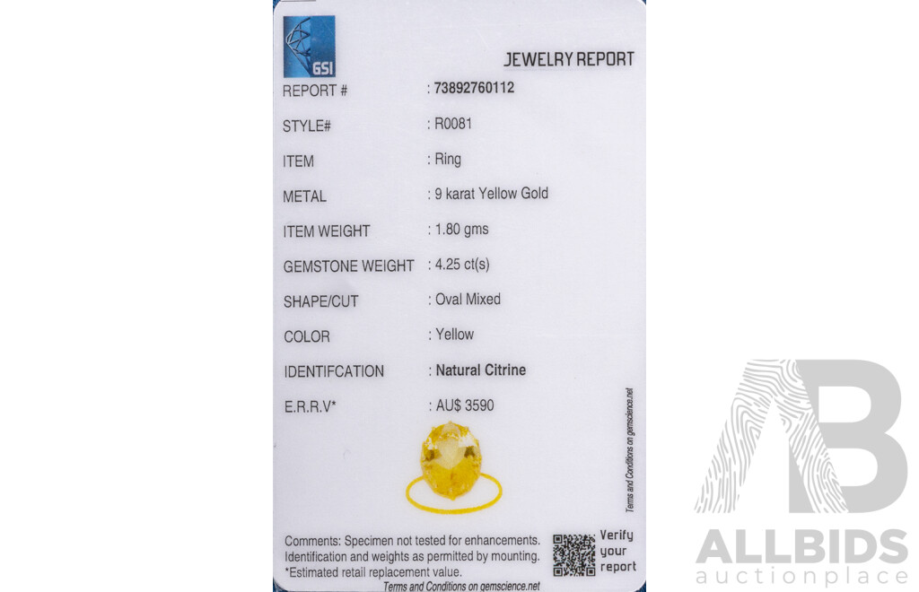 9ct Yellow Gold Natural Citrine Ring with Valuation - Size L.5