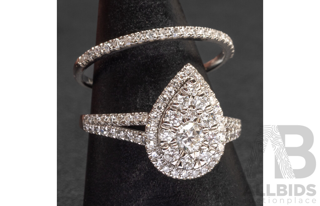 18K White Gold Natural Diamond Pear Ring and Diamond Wedder Bridal Set - Size R