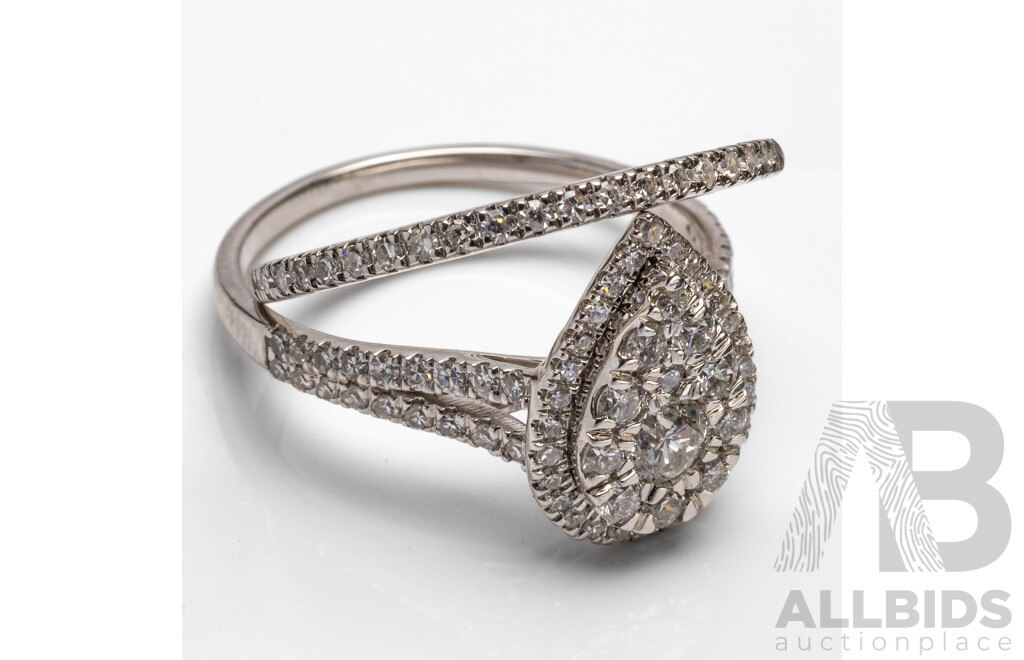 18K White Gold Natural Diamond Pear Ring and Diamond Wedder Bridal Set - Size R
