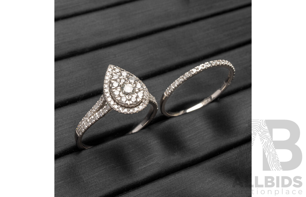 18K White Gold Natural Diamond Pear Ring and Diamond Wedder Bridal Set - Size R