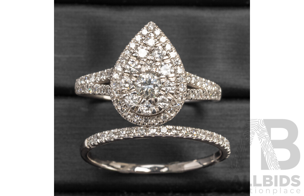 18K White Gold Natural Diamond Pear Ring and Diamond Wedder Bridal Set - Size R
