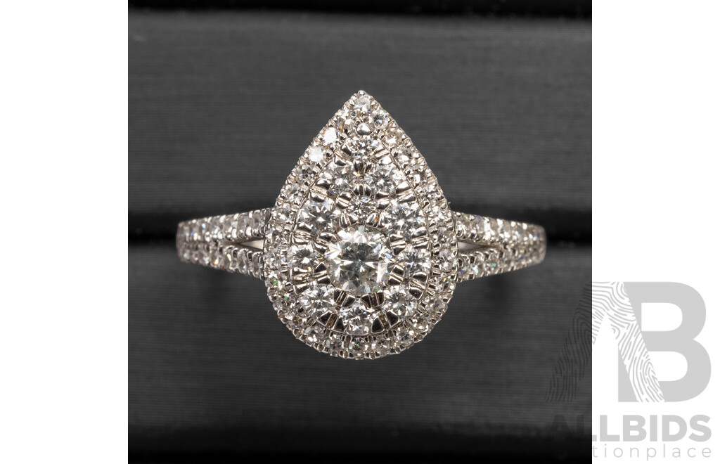 18K White Gold Natural Diamond Pear Ring and Diamond Wedder Bridal Set - Size R