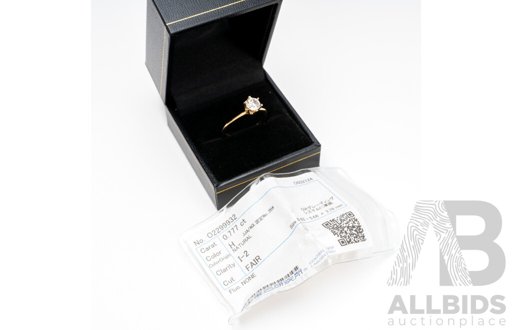 18ct Yellow Gold Natural 0.78ct Diamond Engagement Solitaire Ring - Size N.5