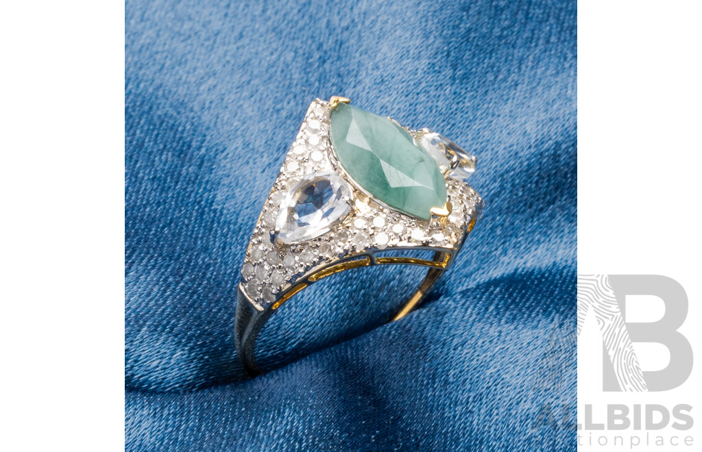 9ct Yellow Gold Natural Emerald / Natural White Topaz & Diamond Ring with Valuation - Size N.5