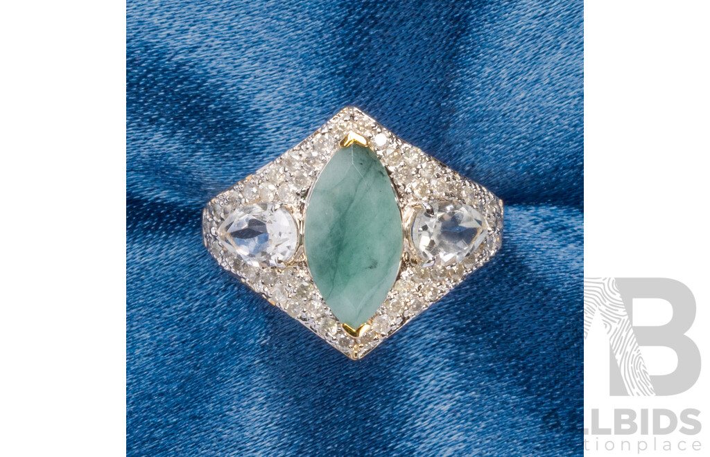 9ct Yellow Gold Natural Emerald / Natural White Topaz & Diamond Ring with Valuation - Size N.5