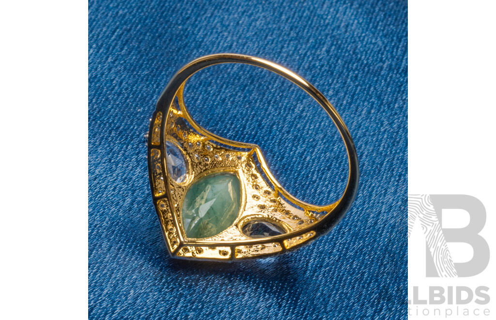 9ct Yellow Gold Natural Emerald / Natural White Topaz & Diamond Ring with Valuation - Size N.5