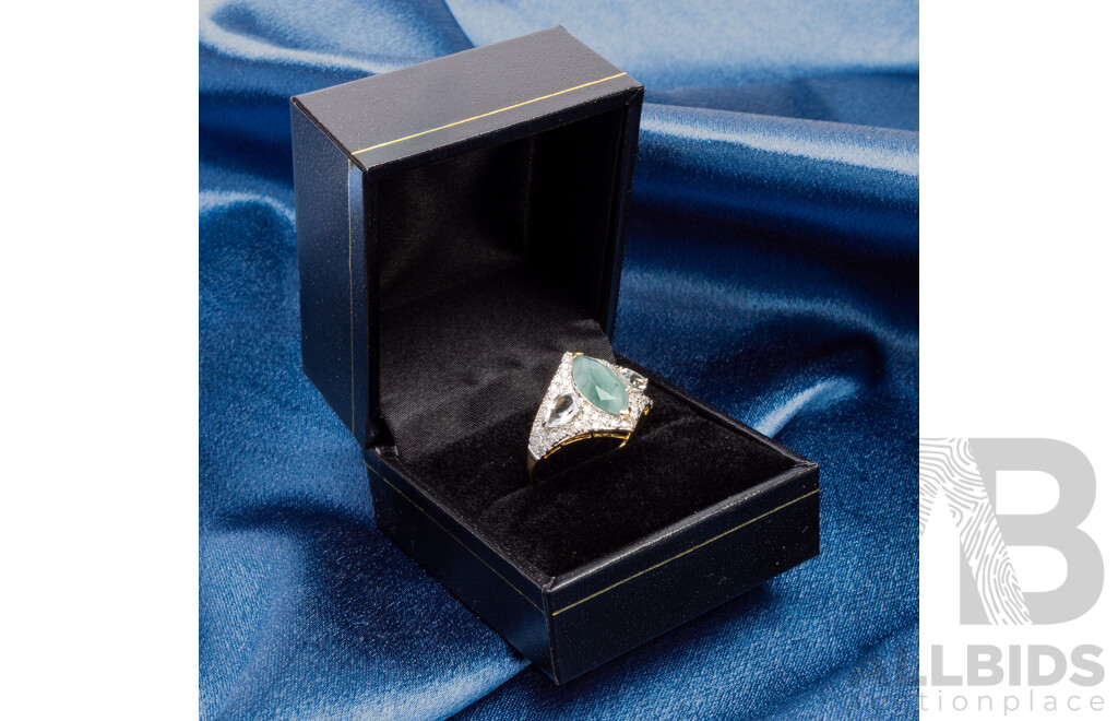 9ct Yellow Gold Natural Emerald / Natural White Topaz & Diamond Ring with Valuation - Size N.5