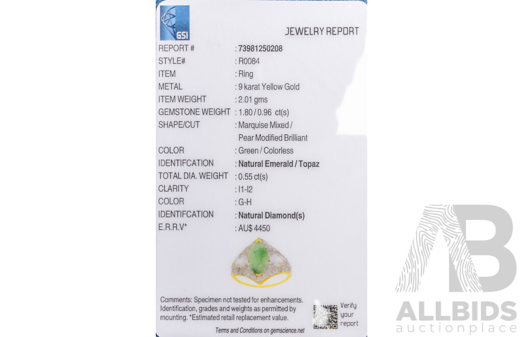 9ct Yellow Gold Natural Emerald / Natural White Topaz & Diamond Ring with Valuation - Size N.5