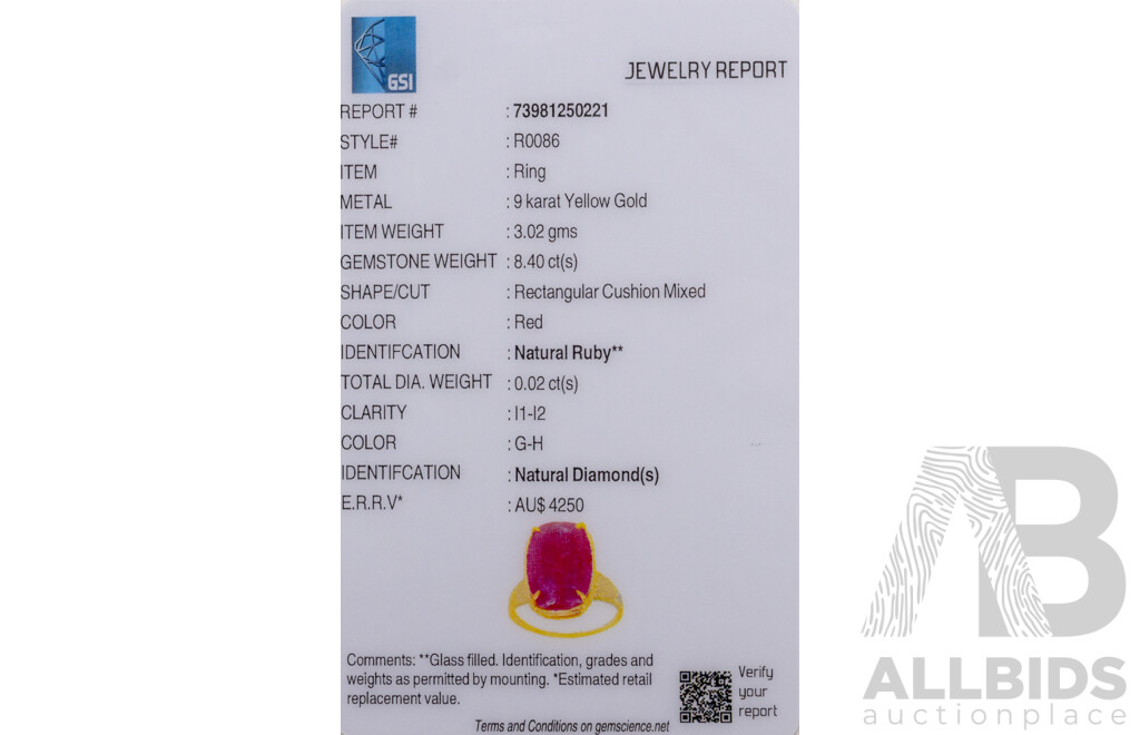 9ct Yellow Gold Natural Ruby & Diamond Ring with Valuation - Size L.5