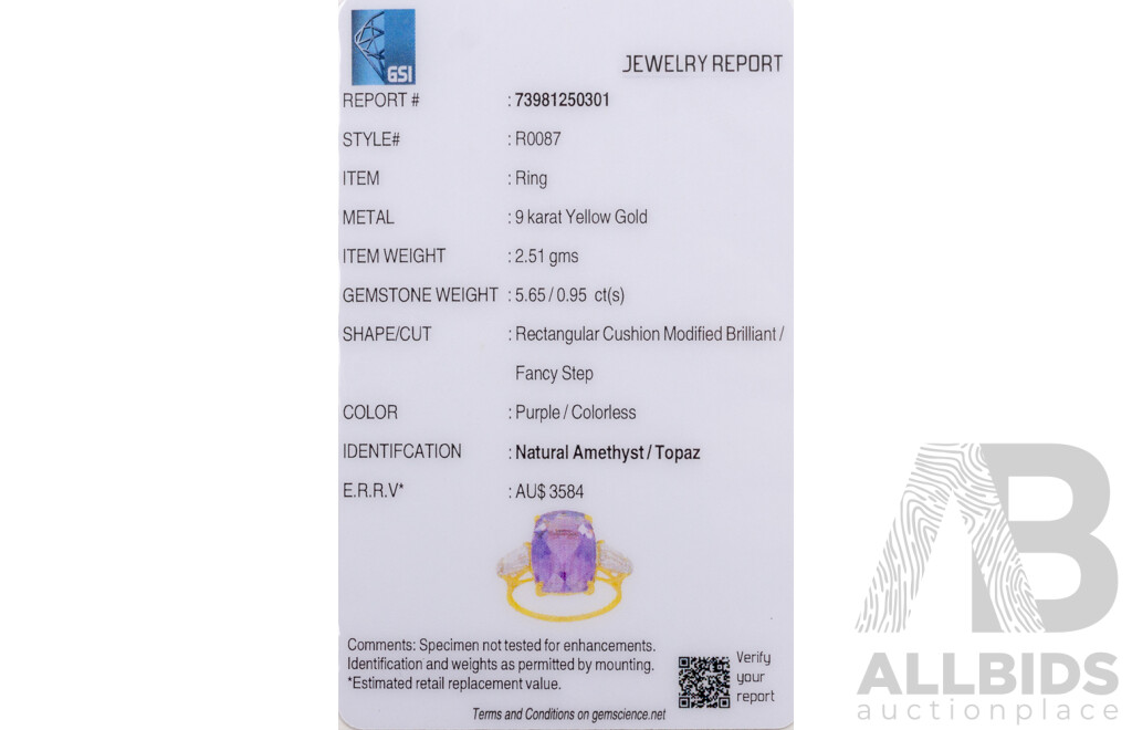 Yellow Gold Natural Amethyst / Natural White Topaz Ring with Valuation - Size L