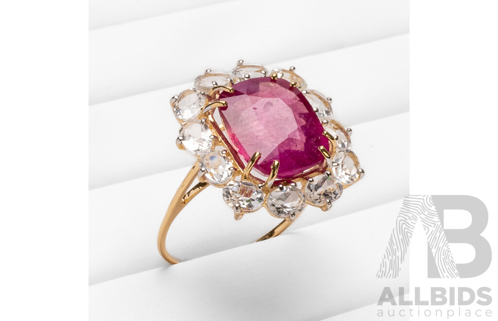 9ct Yellow Gold Natural Ruby / Natural White Topaz Ring with Valuation - Size N.5