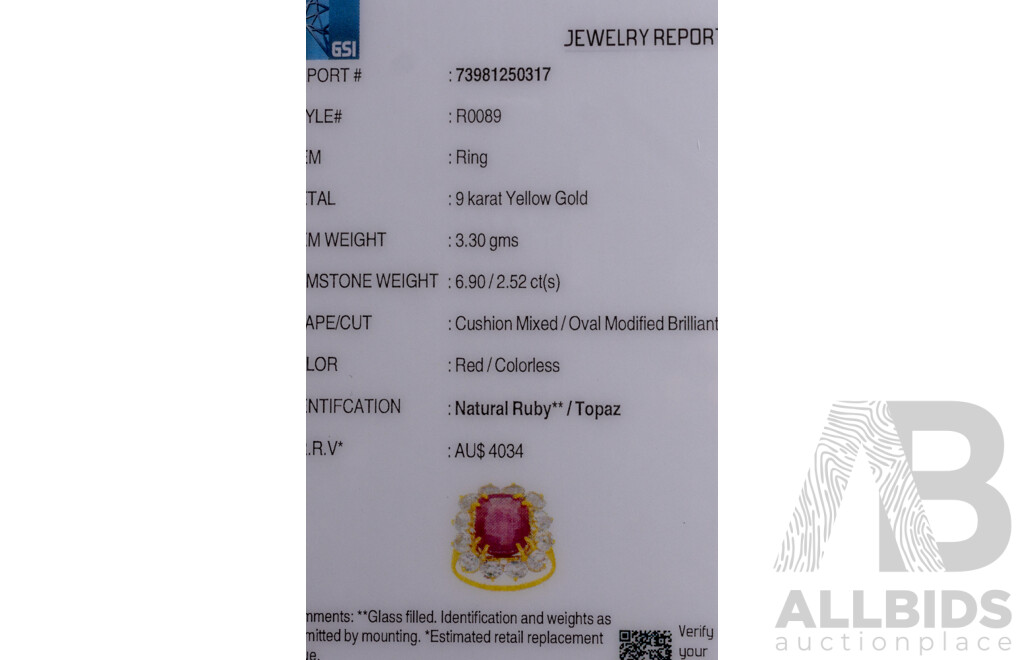 9ct Yellow Gold Natural Ruby / Natural White Topaz Ring with Valuation - Size N.5