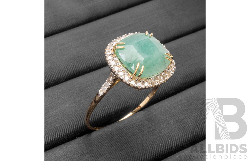 9ct Yellow Gold Natural Emerald & Diamond Ring with Valuation - Size N.5