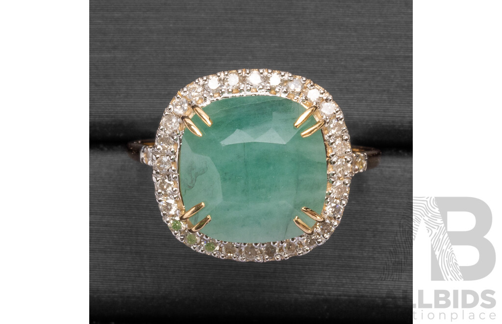 9ct Yellow Gold Natural Emerald & Diamond Ring with Valuation - Size N.5
