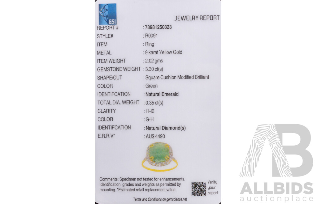 9ct Yellow Gold Natural Emerald & Diamond Ring with Valuation - Size N.5