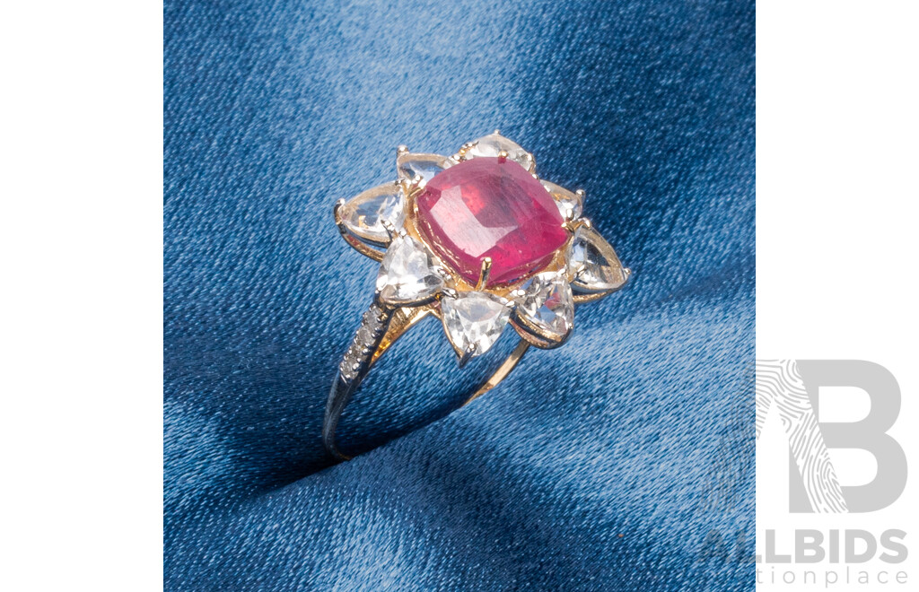 9ct Yellow Gold Natural Ruby / Natural White Topaz & Diamond Ring with Valuation - Size L.5