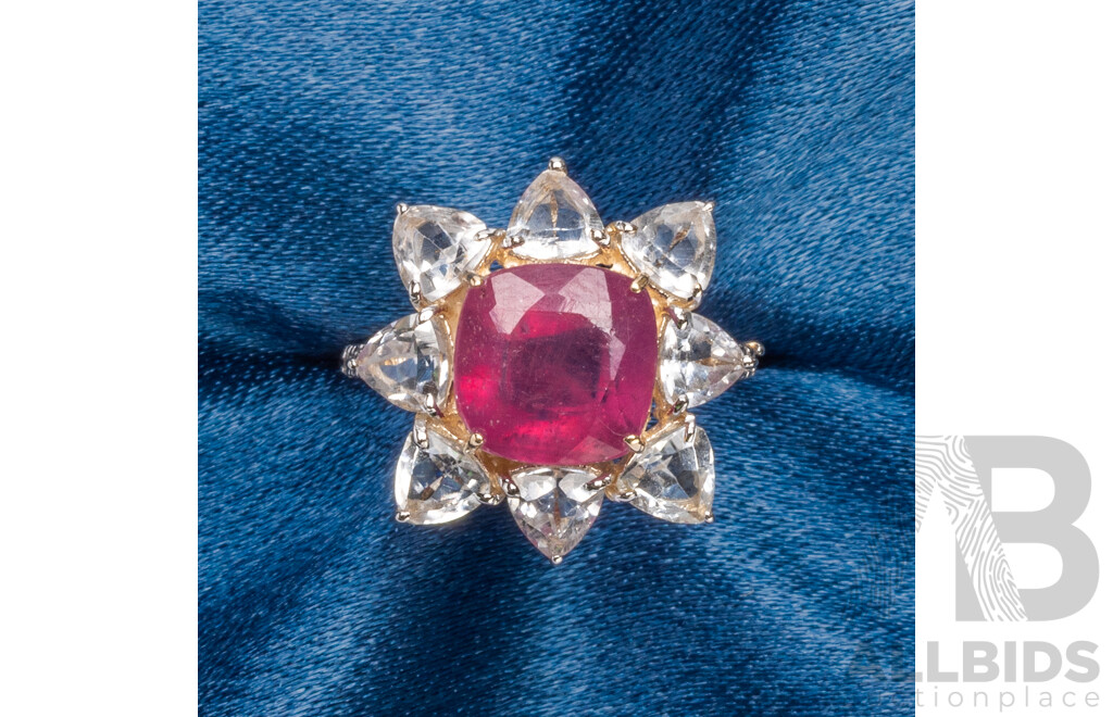9ct Yellow Gold Natural Ruby / Natural White Topaz & Diamond Ring with Valuation - Size L.5