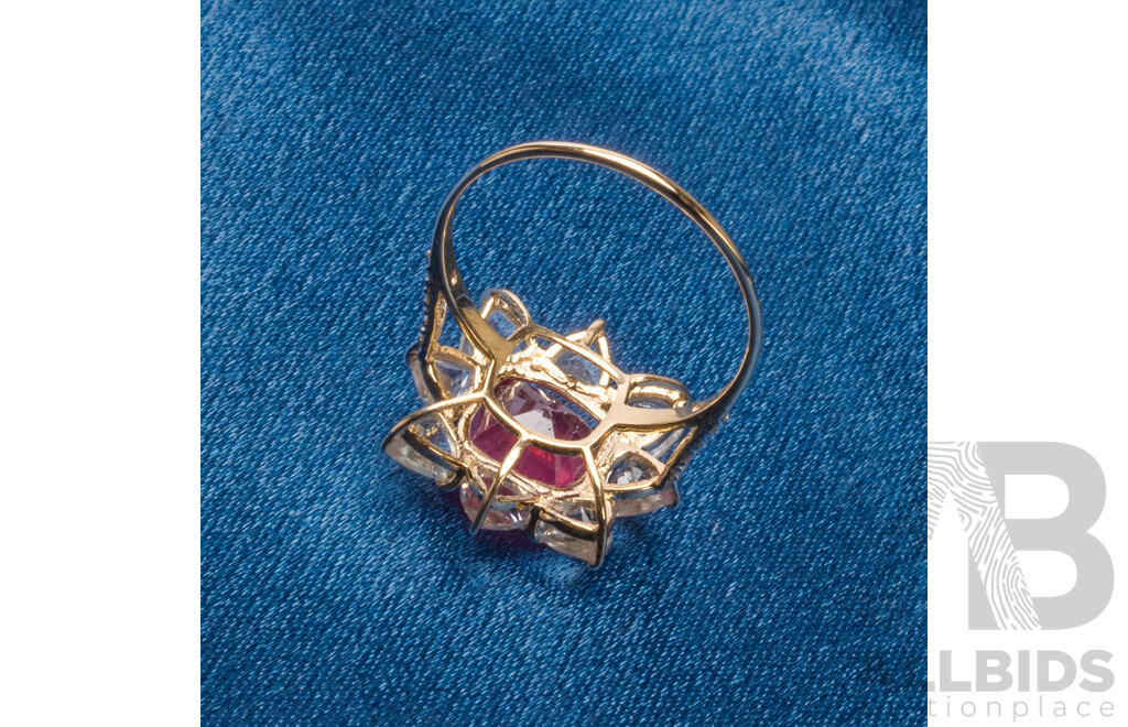 9ct Yellow Gold Natural Ruby / Natural White Topaz & Diamond Ring with Valuation - Size L.5