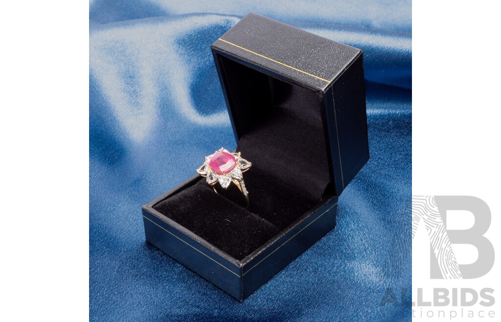 9ct Yellow Gold Natural Ruby / Natural White Topaz & Diamond Ring with Valuation - Size L.5