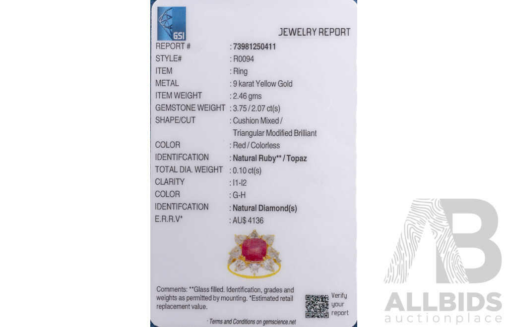 9ct Yellow Gold Natural Ruby / Natural White Topaz & Diamond Ring with Valuation - Size L.5