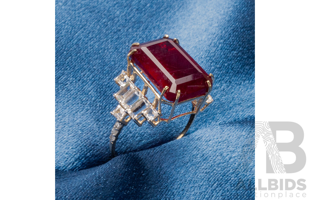 9ct Yellow Gold Natural Ruby/Natural White Topaz & Diamond Ring with Valuation - Size O