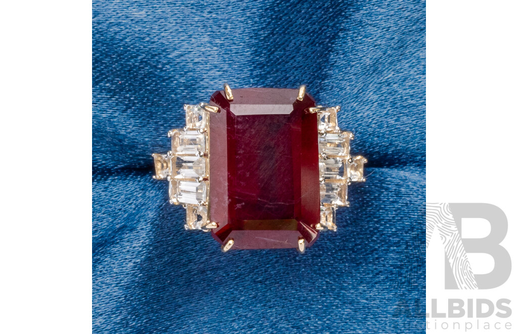 9ct Yellow Gold Natural Ruby/Natural White Topaz & Diamond Ring with Valuation - Size O
