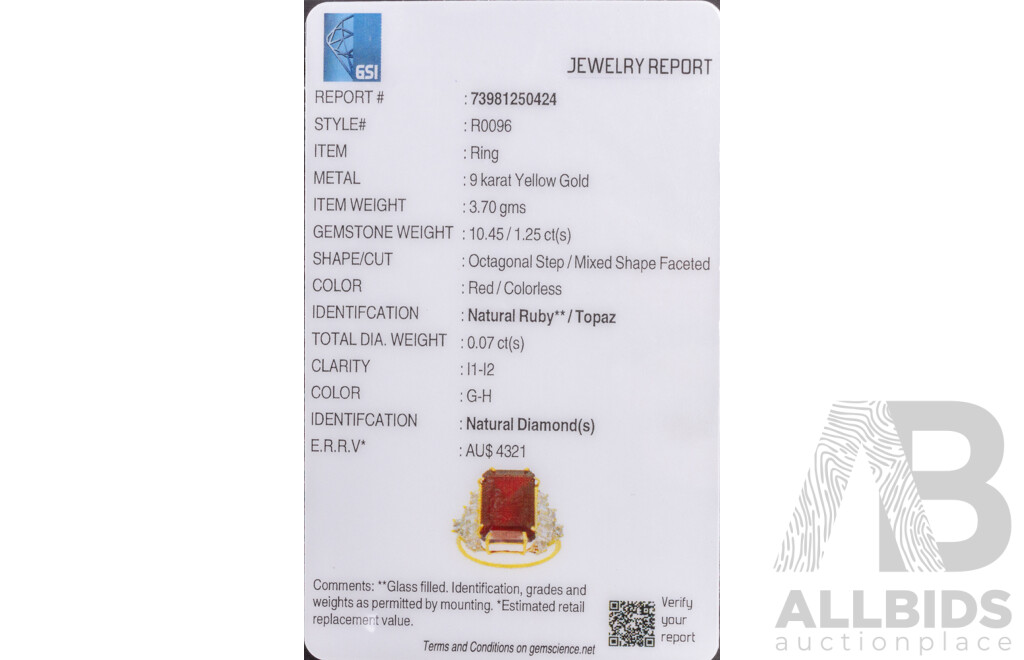 9ct Yellow Gold Natural Ruby/Natural White Topaz & Diamond Ring with Valuation - Size O