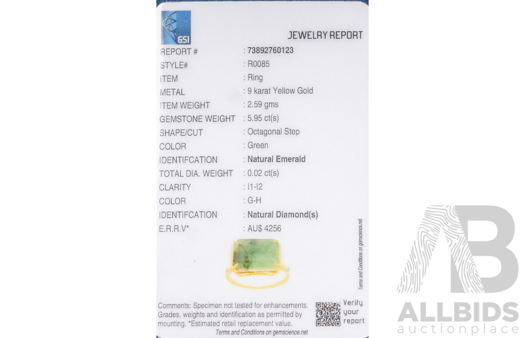 9ct Yellow Gold Natural Emerald & Diamond Ring with Valuation - Size N.5