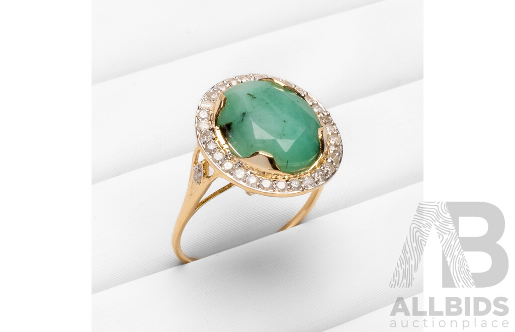 9ct Yellow Gold Natural Emerald & Diamond Ring with Valuation - Size O