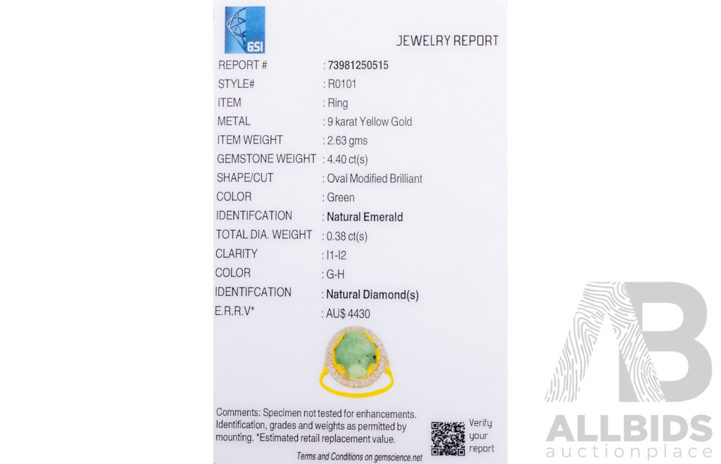 9ct Yellow Gold Natural Emerald & Diamond Ring with Valuation - Size O