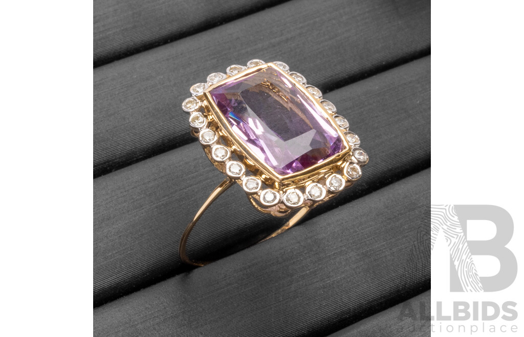 9ct Yellow Gold Natural Amethyst & Diamond Ring with Valuation - Size L.5