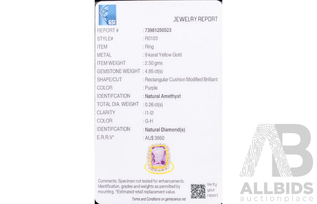 9ct Yellow Gold Natural Amethyst & Diamond Ring with Valuation - Size L.5