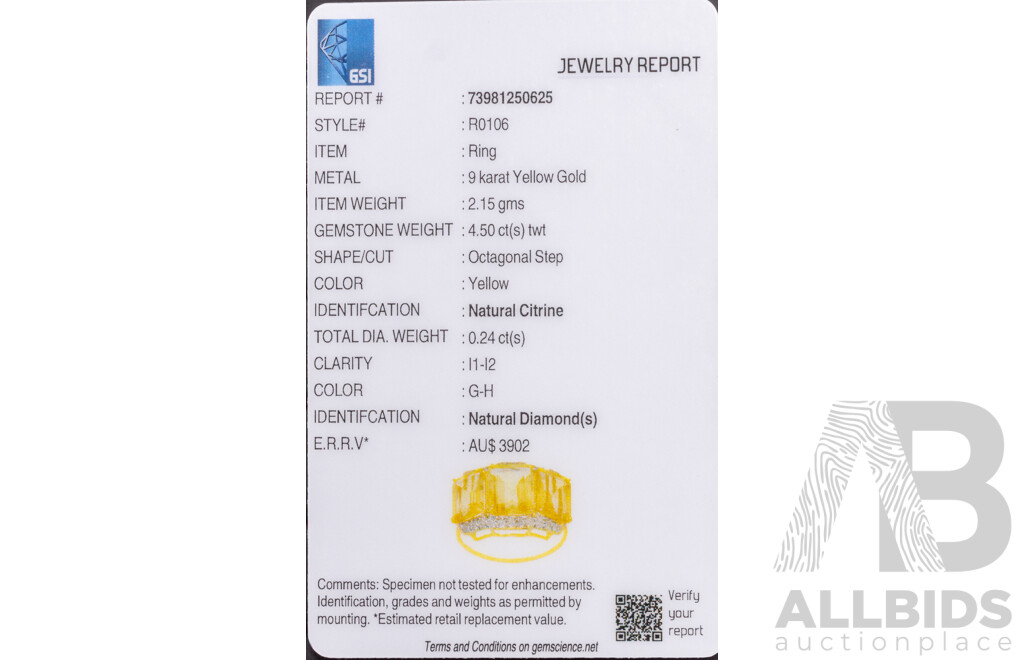 9ct Yellow Gold Natural Citrine / Natural  & Diamond Ring with Valuation - Size L