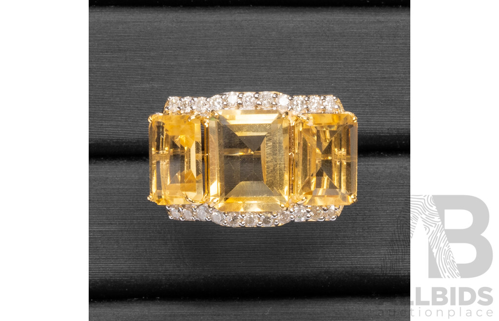 9ct Yellow Gold Natural Citrine / Natural & Diamond Ring with Valuation - Size L