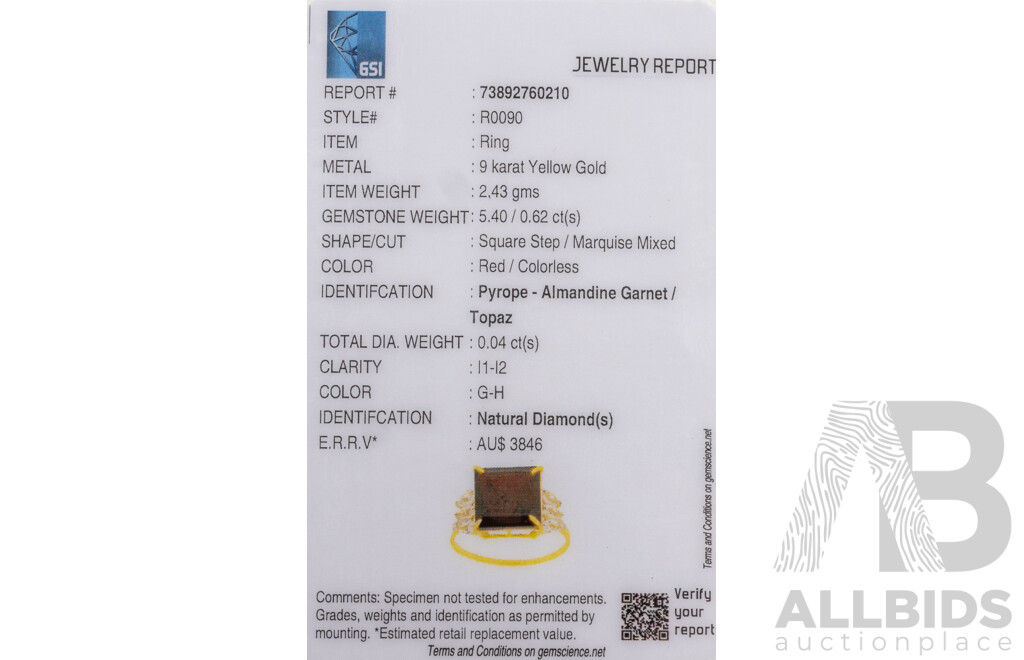 9ct Yellow Gold Natural Garnet, White Topaz & Diamond Ring with Valuation - Size N