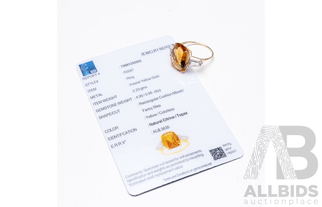 9ct Yellow Gold Natural Citrine / Natural White Topaz Ring with Valuation - Size L.5