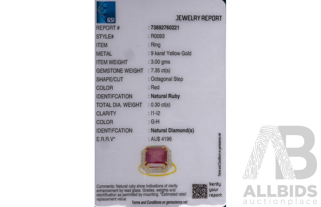 9ct Yellow Gold Natural Ruby & Diamond Ring with Valuation - Size N.5