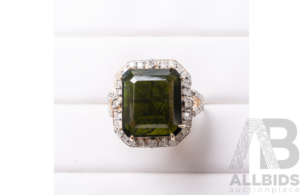 9ct Yellow Gold Natural Tourmaline & Diamond Ring with Valuation - Size L