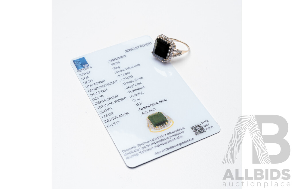 9ct Yellow Gold Natural Tourmaline & Diamond Ring with Valuation - Size L