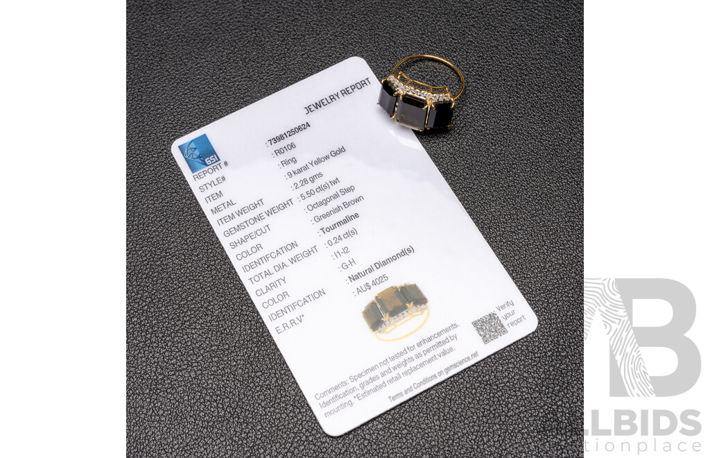 9ct Yellow Gold Natural Tourmaline / Natural  & Diamond Ring with Valuation - Size L.5