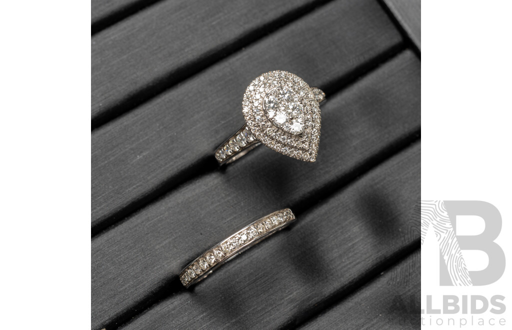 18ct White Gold Pear Ring & Wedder with 1ct of Natural Diamonds Bridal Set - Size N.5