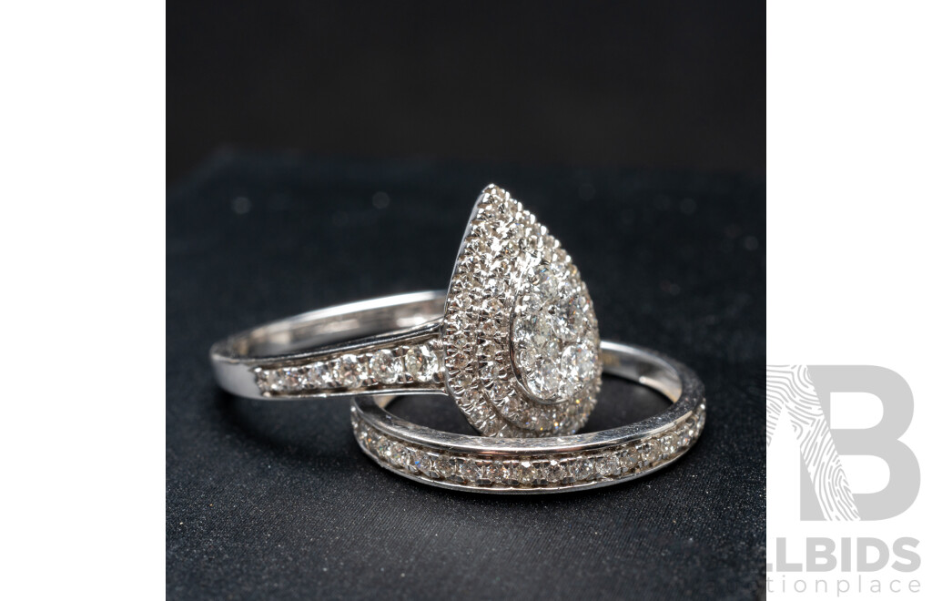 18ct White Gold Pear Ring & Wedder with 1ct of Natural Diamonds Bridal Set - Size N.5