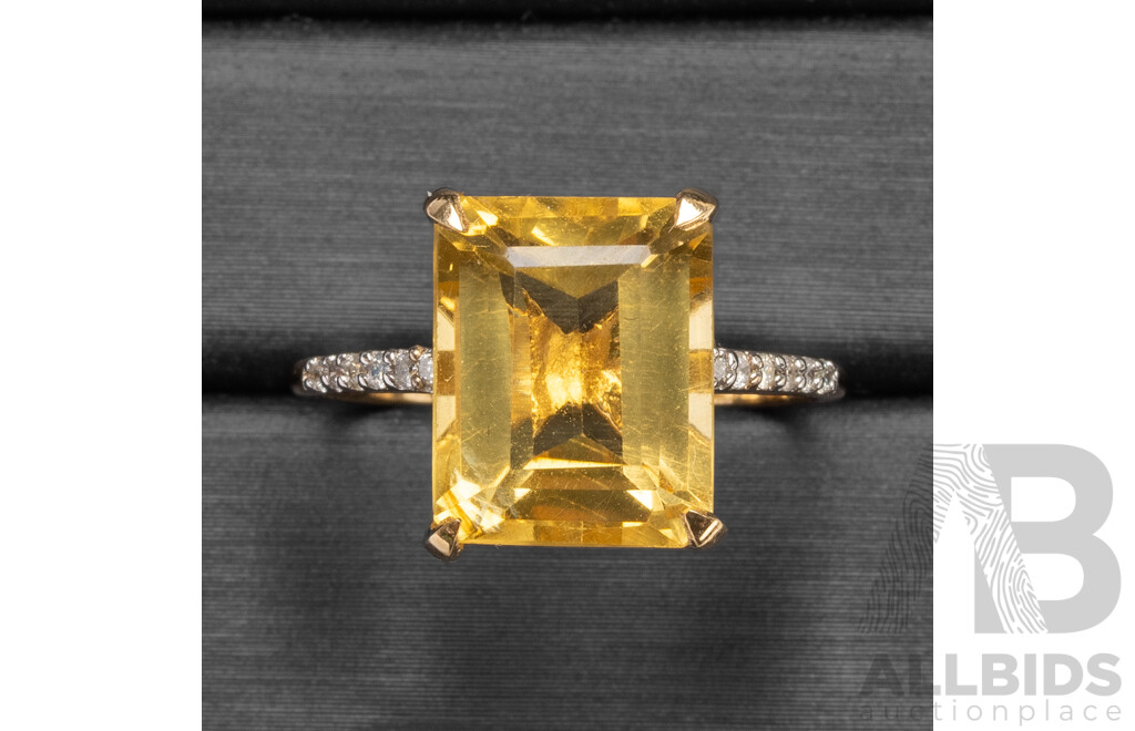 9ct Yellow Gold Natural Citrine & Diamond Ring with Valuation - Size N.5
