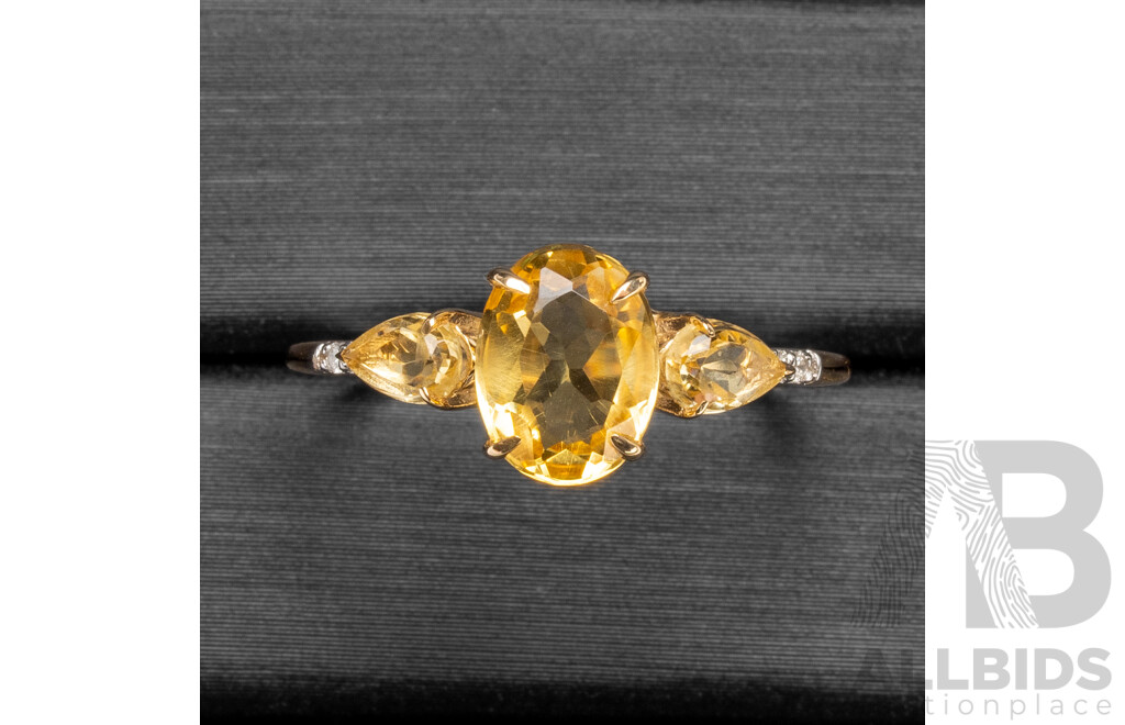 9ct Yellow Gold Natural Citrine & Diamond Ring with Valuation - Size N.5