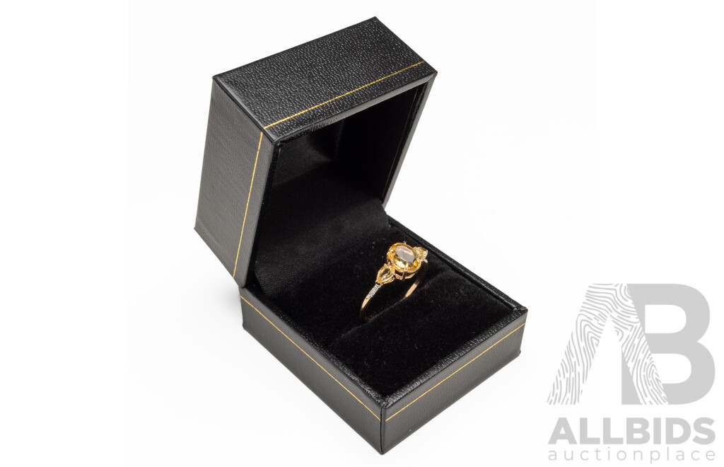 9ct Yellow Gold Natural Citrine & Diamond Ring with Valuation - Size N.5