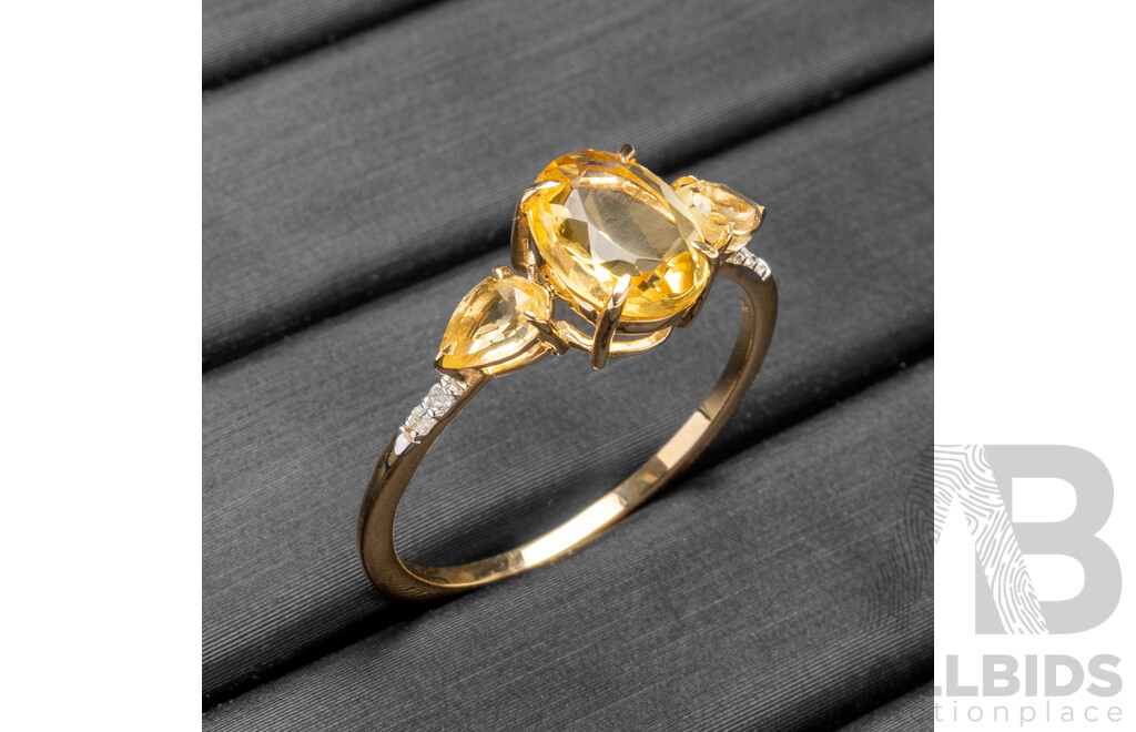 9ct Yellow Gold Natural Citrine & Diamond Ring with Valuation - Size N.5