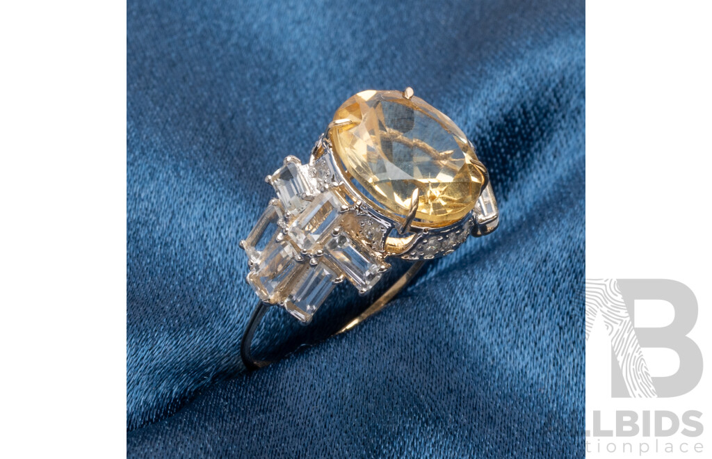 9ct Yellow Gold Natural Citrine, White Topaz & Diamond Ring with Valuation - Size L.5