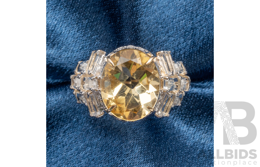 9ct Yellow Gold Natural Citrine, White Topaz & Diamond Ring with Valuation - Size L.5