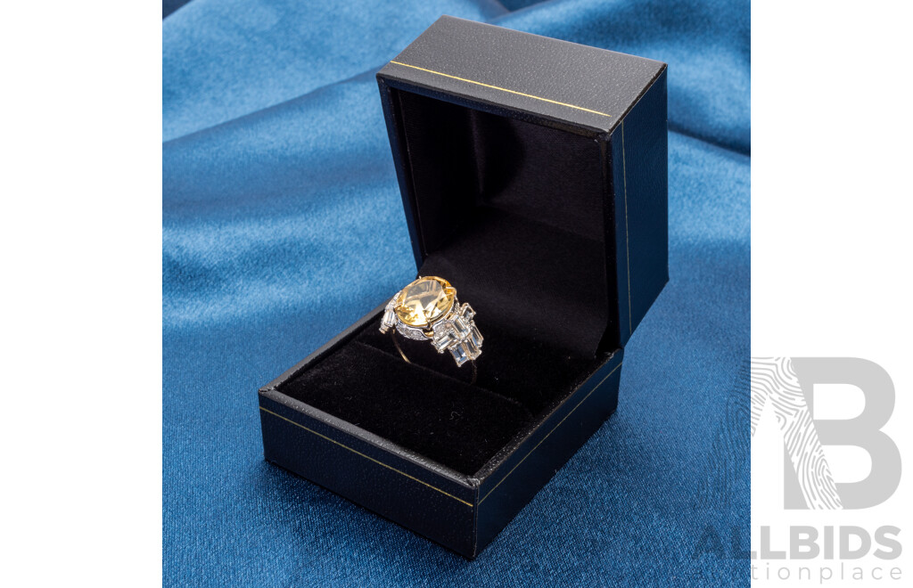 9ct Yellow Gold Natural Citrine, White Topaz & Diamond Ring with Valuation - Size L.5